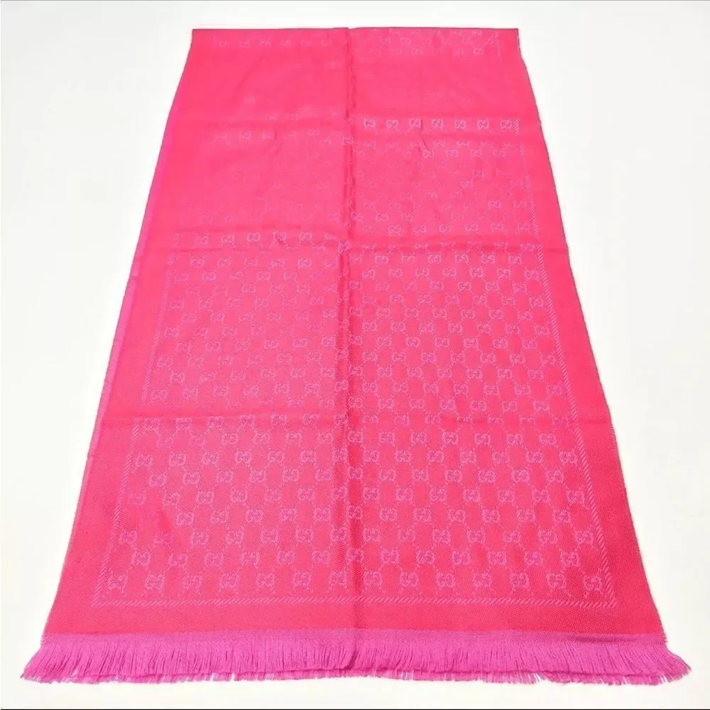 Gucci Red Fuchsia GG Monogram Wool Lame Jacquard Stenlux Scarf Stole Shawl Wrap